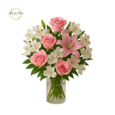 Arranjo com vaso com flores astromélias, rosas, lírios, cor rosa