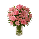 Arranjo com vaso com flores astromélias, rosas, lírios, cor rosa