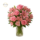 Arranjo com vaso com flores astromélias, rosas, lírios, cor rosa