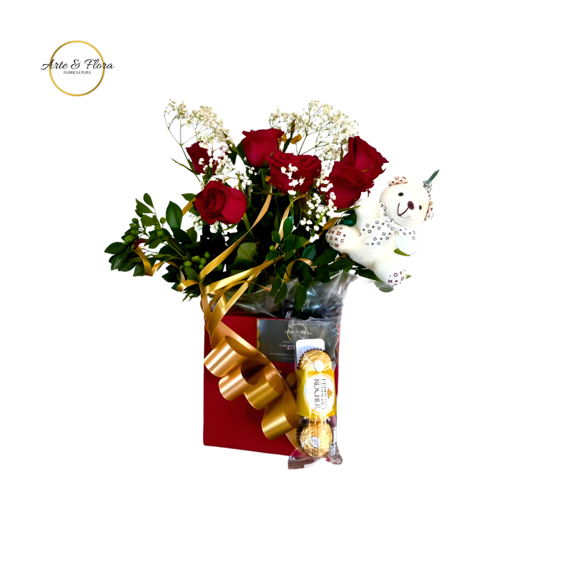 Caixa enfeitada 6 rosas + ursinho + ferrero