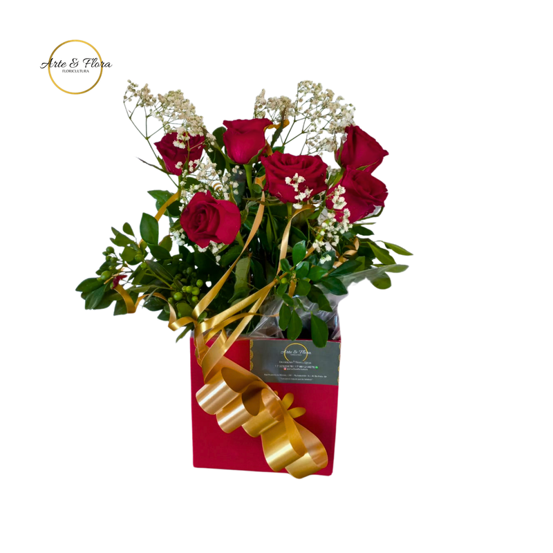 Caixa enfeitada 6 rosas + ursinho + ferrero