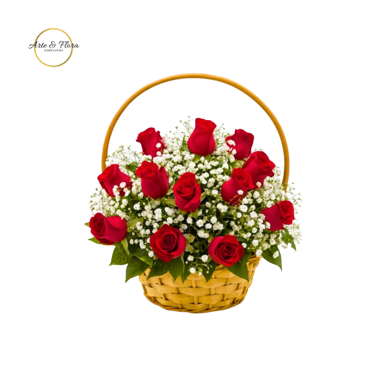 Cesta com 12 rosas vermelhas